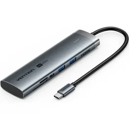 Vention Docking USB Tipo-C TPSHB con HDMI 4K, 2 USB, 2 USB-C, RJ45, PD y Lector de Tarjetas - Gris